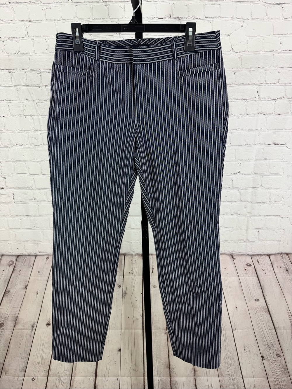 Banana Republic Sloan Slim Ankle Pants Navy White Striped Stretch Trousers Sz 8